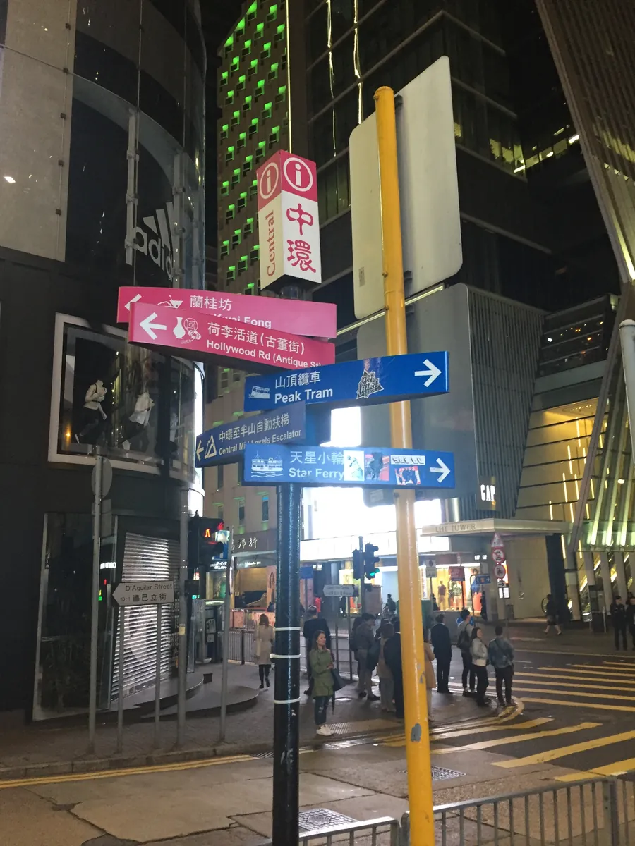 A signpost in Central, Hong Kong pointing the way to Lan Kwai Fong, the Peak Tram and the Star Ferry, with the neon and towers of the district behind at dusk.